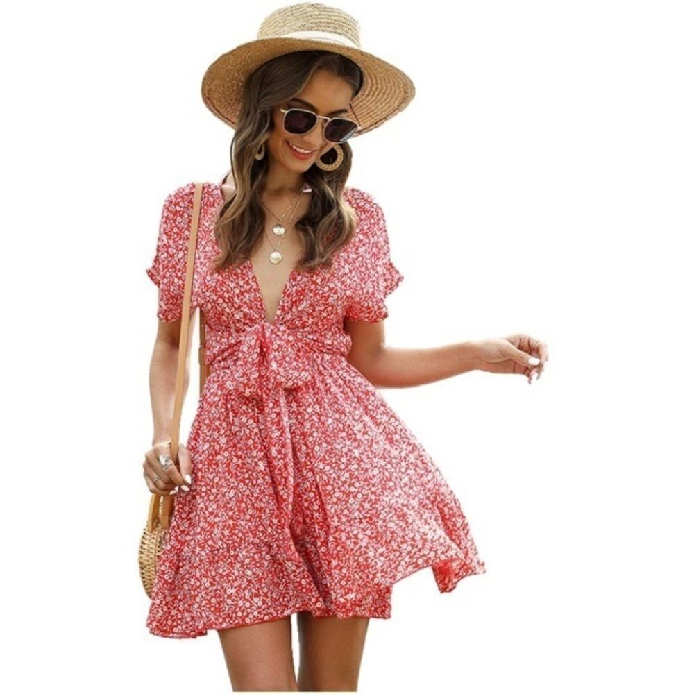 Shein Red Liberty Floral Plunging Vneck Floral Dress Small Tie Front Cut Out